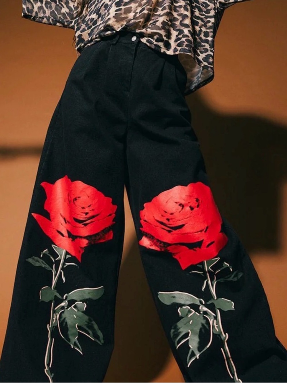 Dressed in Lala Wide-Leg Black Pants with Red Rose Print Large